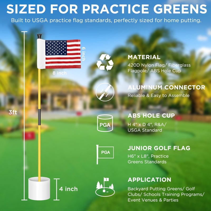 KINGTOP Miniature Golf Flagsticks, Practice Putting Green Flags for Yard, Golf Pin Flag Hole Cup Set, Portable 2-Section Design with US Flags, 3ft Pole, 3-Pack - Image 2
